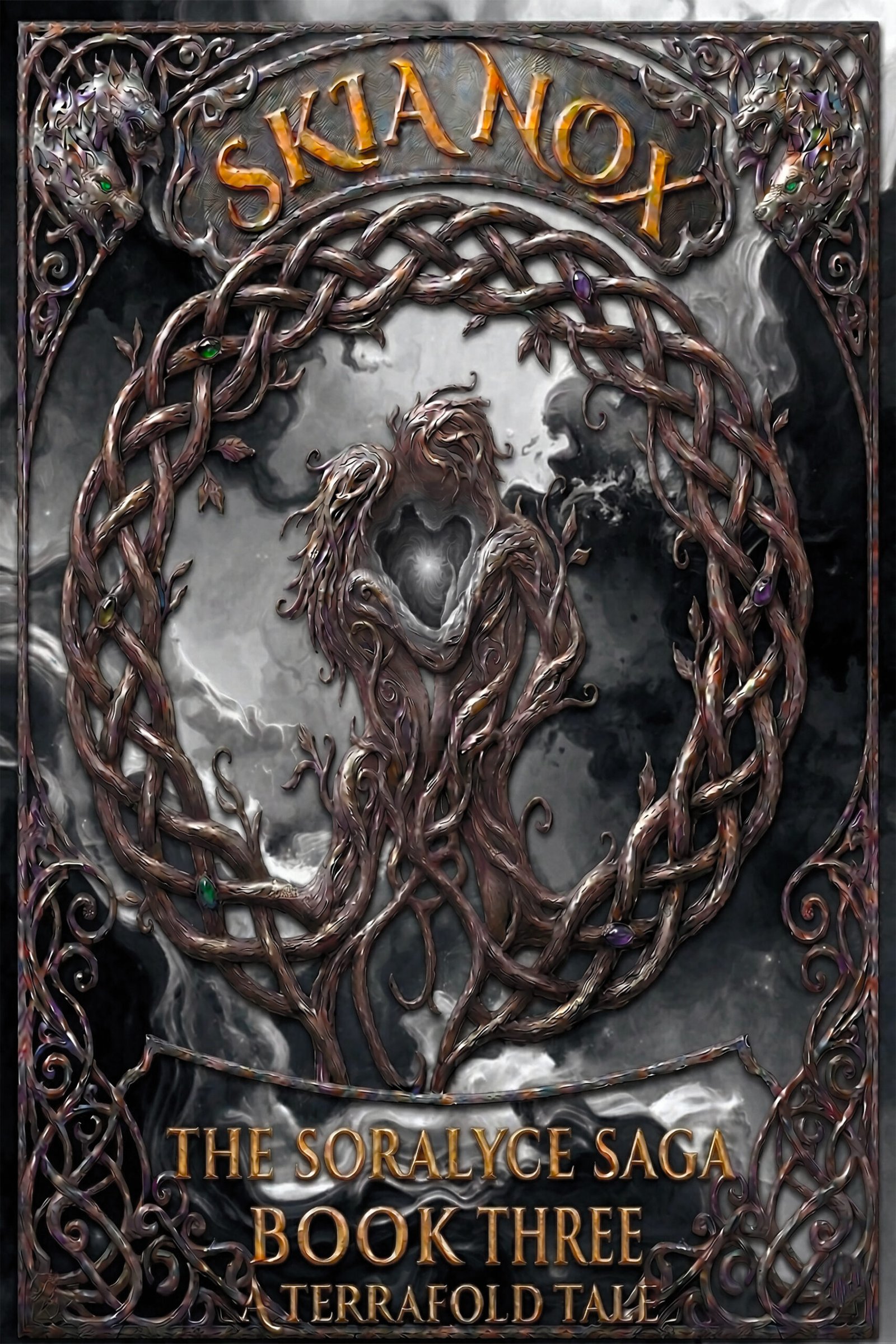 Book cover for "Skia Nox: The Soralyce Saga, Book One — A Terrafold Tale," featuring two intertwined tree-like figures holding a glowing teal light within a Celtic knotwork circle, set against a black and white marbled background with wolf head corner ornaments.