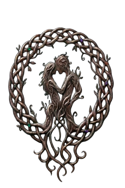 Gemini_Generated_Image_booah0booah0booa-removebg-preview Two intertwined tree-like figures embracing within a Celtic knotwork oval frame adorned with small gemstones and leaves, on a black background.