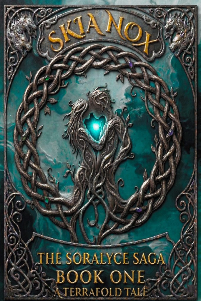 book 1 cover revamped 300 DPI (2) Book cover for "Skia Nox: The Soralyce Saga, Book One — A Terrafold Tale," featuring two intertwined tree-like figures holding a glowing teal light within a Celtic knotwork circle, set against a teal marbled background with wolf head corner ornaments.